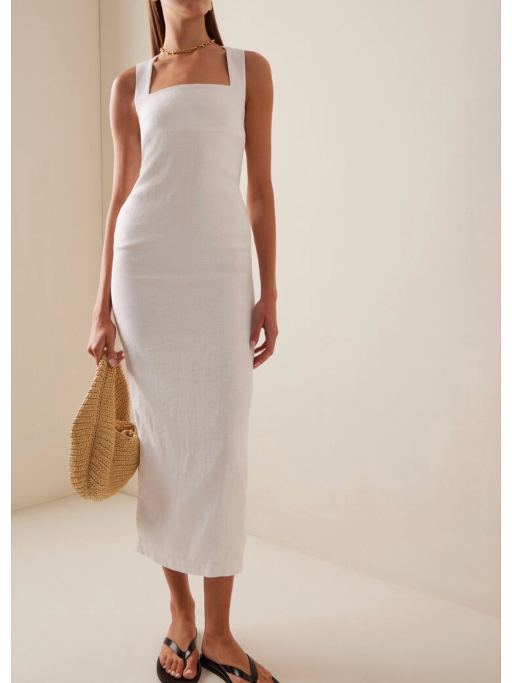 Posse White Linen Square-Neck Maxi Dress